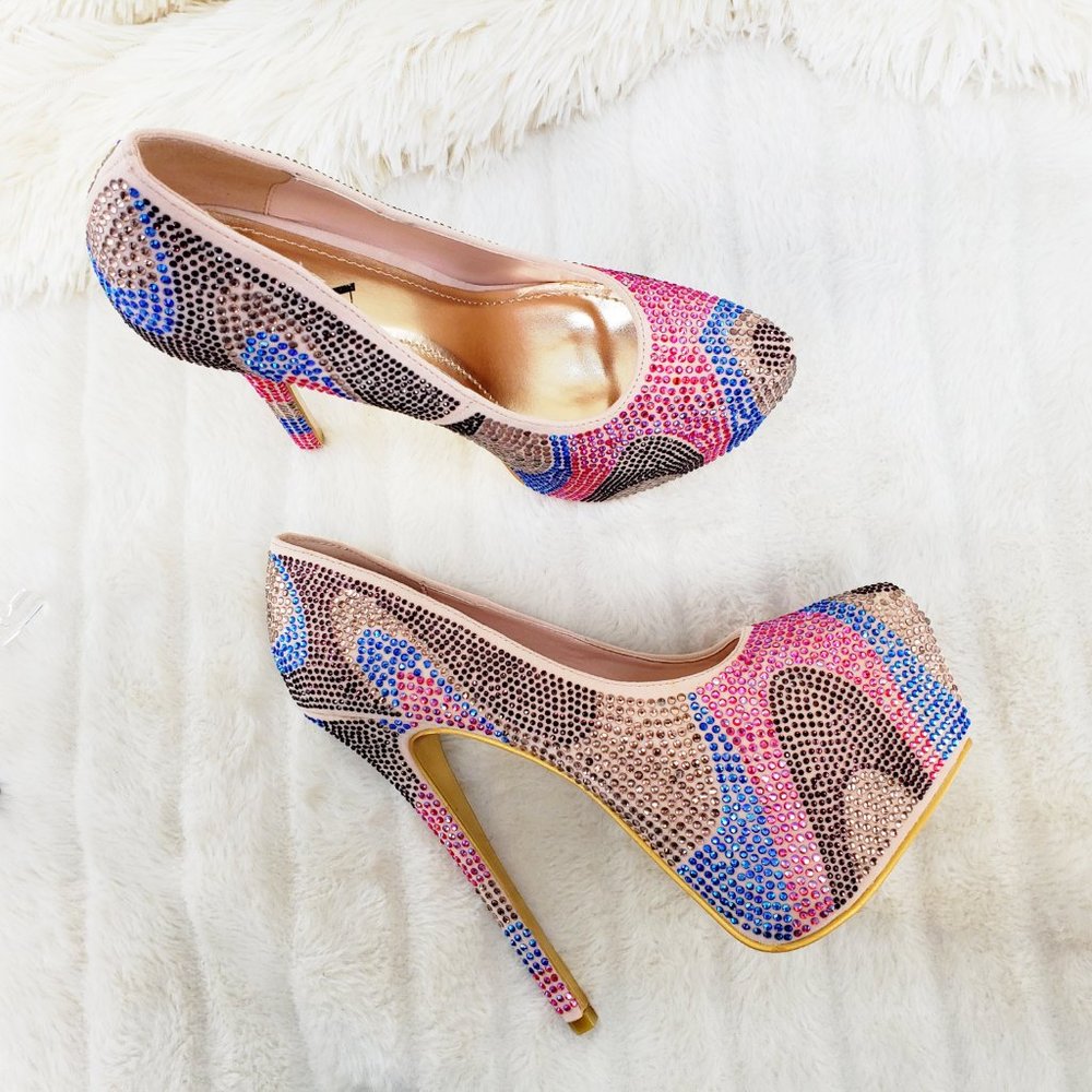 Nude Multi Rhinestone High Heel Platform Pumps - Picture 5 of 13